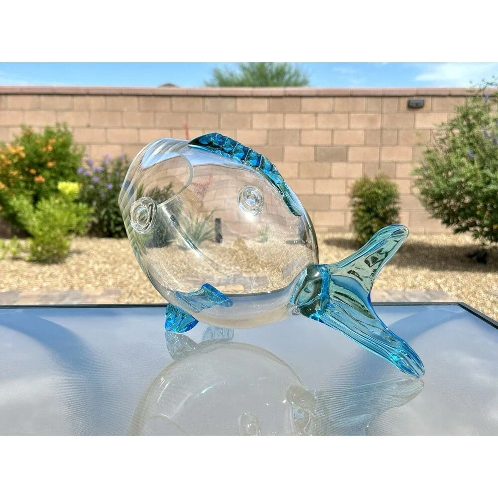 Vintage MCM Blenko Art Glass Fish Shape Sculpture Vase Bowl Clear Aqua Blue 14